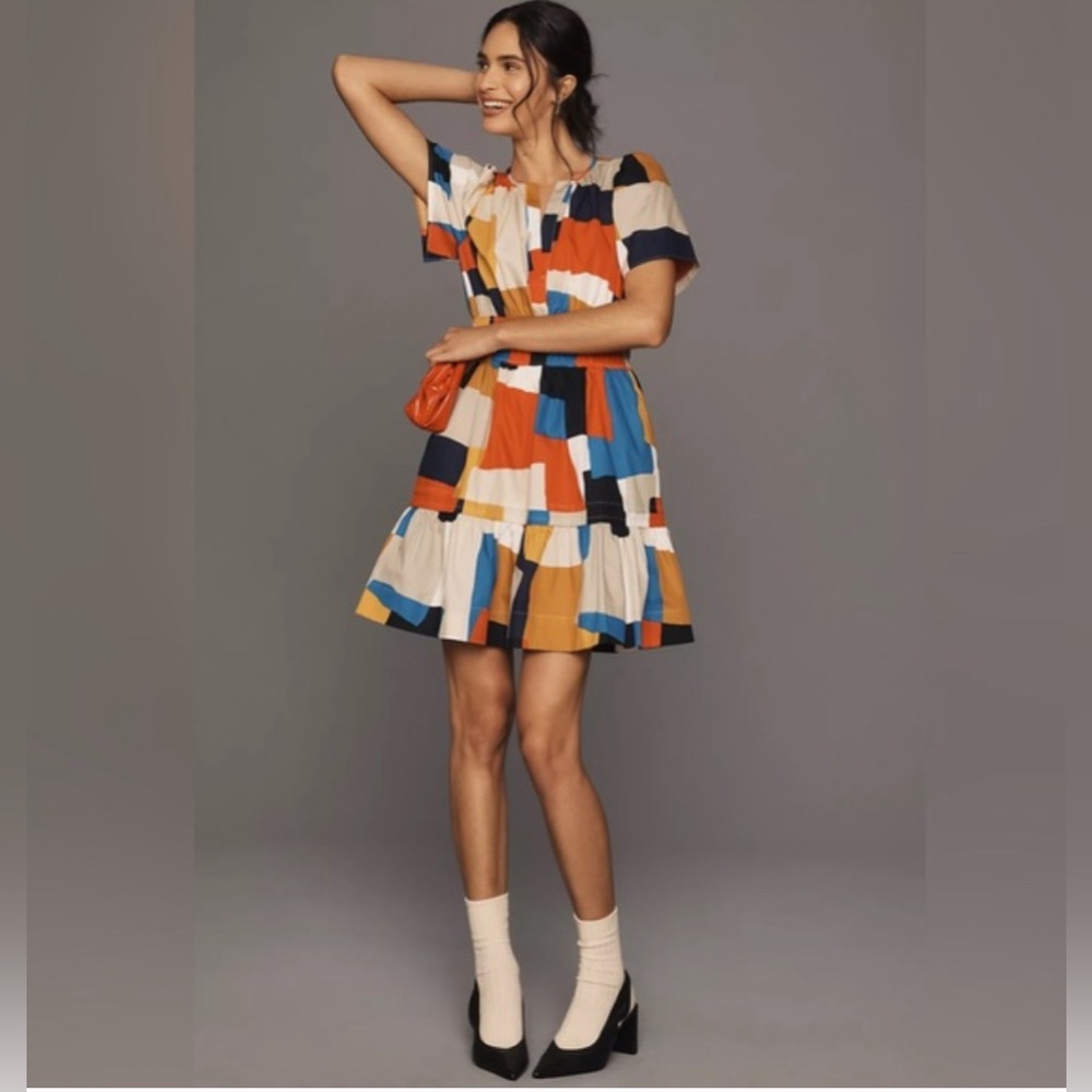 Anthropologie Somerset Mini Dress Novelty Square Print LIKE NEW